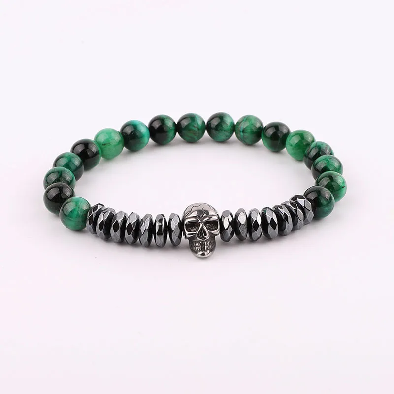 New Design Men Bracelet Stainless Steel Skull Charm Hematite Tiger Eye Beads Elastic Bracelet Men Jewelry Gift - Image 3