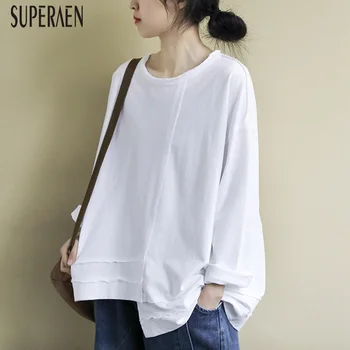 

SuperAen Fashion T Shirts Women Solid Color Cotton Wild Casual Long Sleeve Ladies T Shirts 2020 Spring New Solid Color Tops