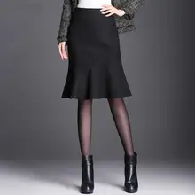 Новое поступление Модная Высококачественная Черная шерстяная Женская юбка с высокой талией рыбий хвост Осень Зима Повседневная Юбка До Колена размера плюс M-4XL