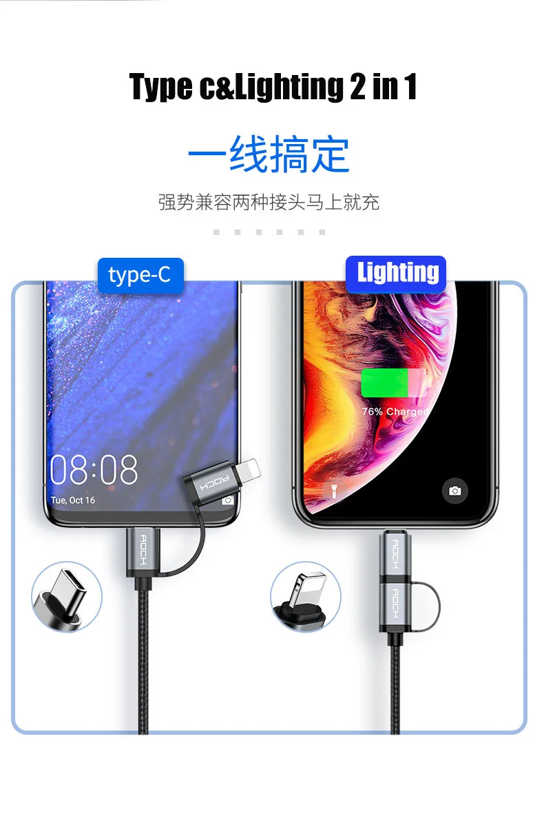 ROCK 2 в 1 USB C для освещения кабель для iPhone iPad usb type c для type-C кабель для Apple Macbook Pro USB-C кабель для быстрой зарядки