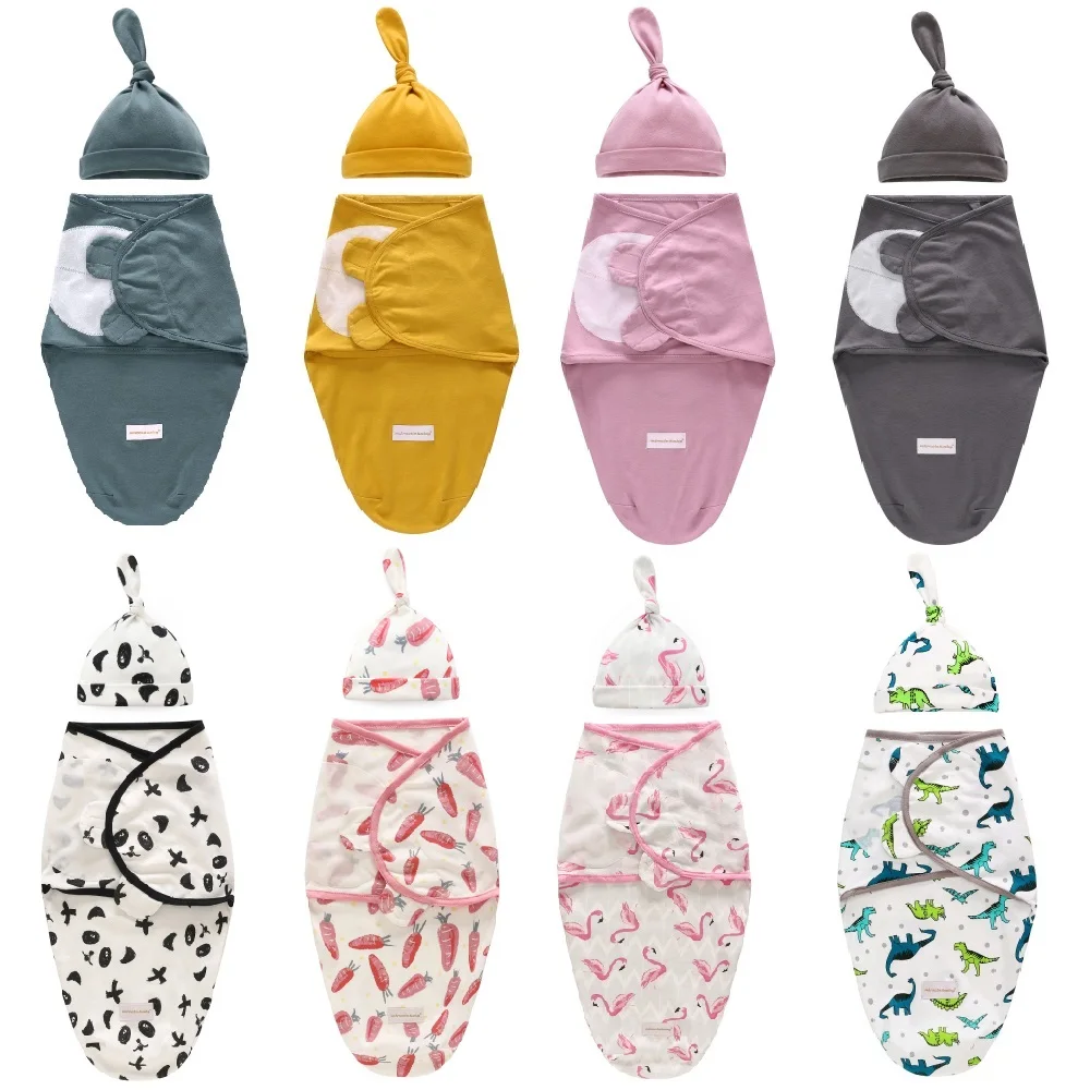 

0-6 Months Baby Envelope Swaddle Blanket and Hat Adjustable Wrap Infant Receiving Blanket Newborn Sleeping Bag 2 sizes Parisarc