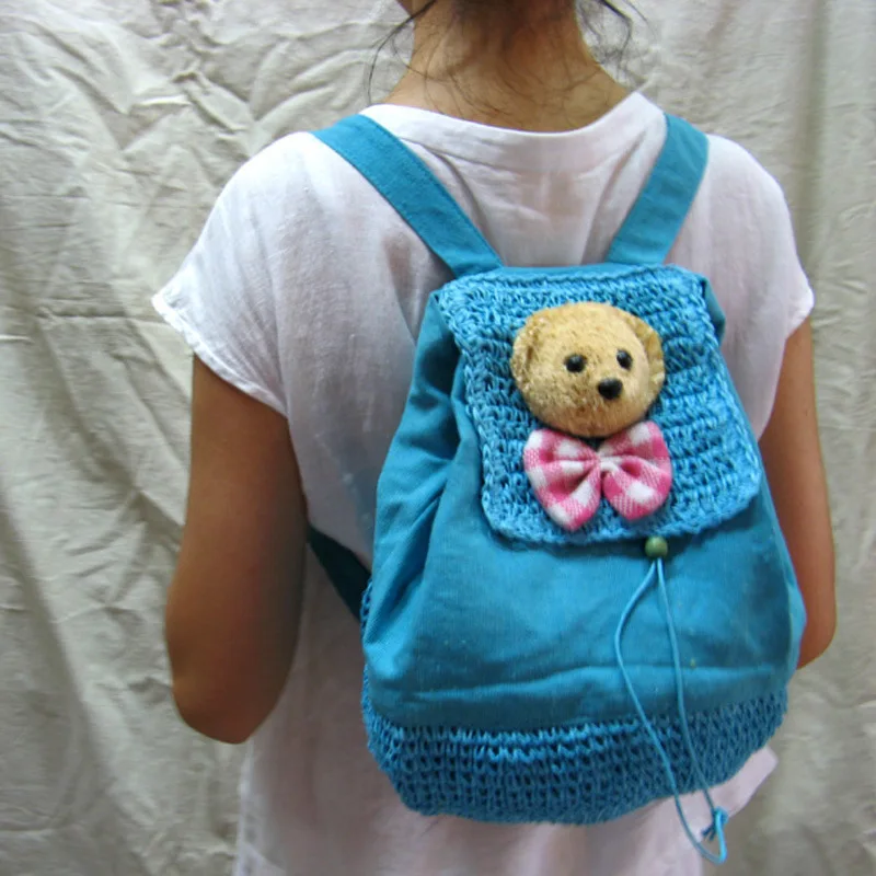 

25722 Bear Cartoon Pattern Straw Bag Cute Backpack