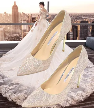 

20 new pointed high heels fine heel sequins champagne lace single shoes wedding bridal shoes women