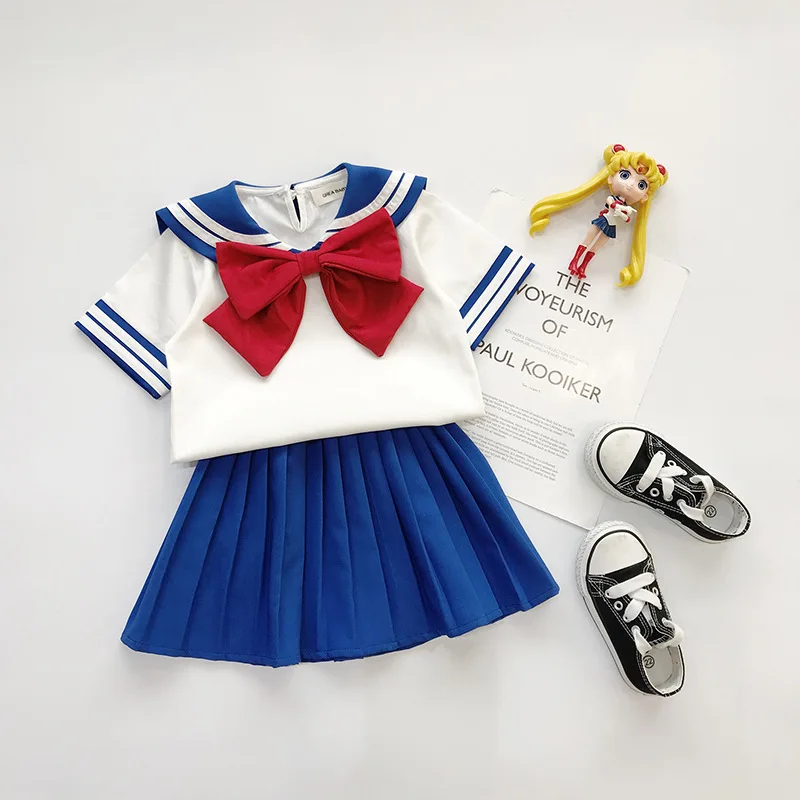 Милый детский костюм моряка с галстуком-бабочкой, комплекты для маленьких мальчиков и девочек в японском стиле темно-синего цвета, летняя