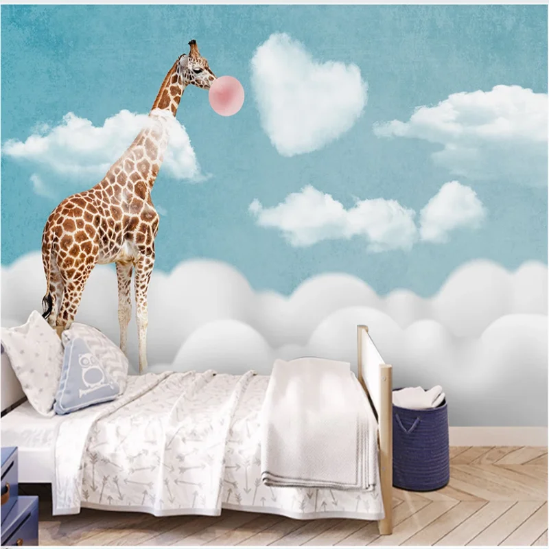 

Custom wallpaper children's room sky creative clouds giraffe bedroom cartoon mural 8D waterproof wall covering