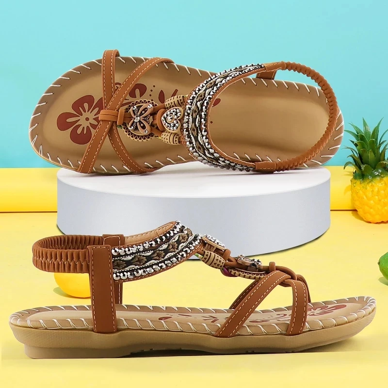 Women Sandals Women Flats Comfortable Sandals Ladies Retro Elastic Band Flat Summer Shoes Woman Soft Gladiator Sandals Bohemian Print Walking Luxury