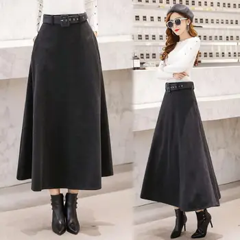 

Winter Women's Wool A-Line Skirts Vintage Sashes Woolen Skirt Female Streetwear Casual Ladies Skirts