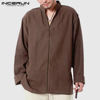 

INCERUN Vintage Men Shirts Cotton Long Sleeve 2020 Solid Stand Collar Chinese Style Pullovers Casual Shirts Camisa Masculina 3XL