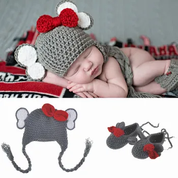 

2pcs/Set Newborn Photography Props Crochet Elephant Long Braid Hat And Shoes Set Baby Photography Accessories Boy Girl Clothes