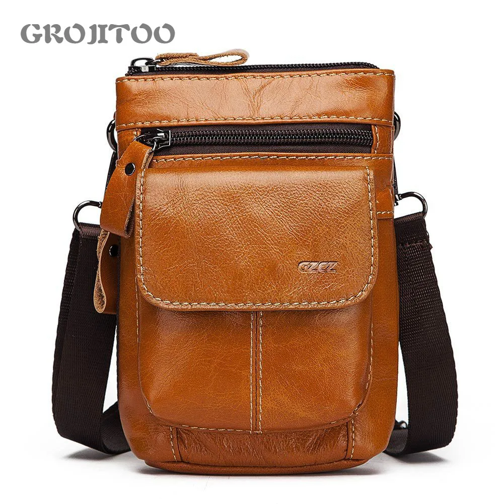 

GROJITOO Genuine Leather men's bag leather men's small messenger bag vertical solid color flip men's shoulder bag