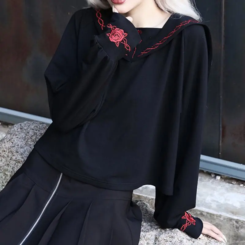 Рубашка с вышивкой в стиле Лолиты, женские черные топы в готическом стиле, Повседневная Толстовка в стиле хип-хоп, школьный уличный костюм в японском стиле