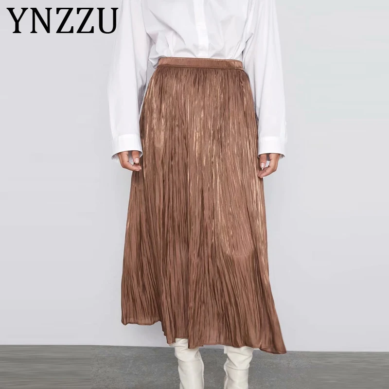 YNZZU Blingbling Яркая юбка плиссированная макси юбка для женщин 2010 новая однотонная Высокая талия драпировка универсальная классная женская повседневная юбка AB233