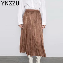 YNZZU Blingbling Яркая юбка плиссированная макси юбка для женщин 2010 новая однотонная Высокая талия драпировка универсальная классная женская повседневная юбка AB233