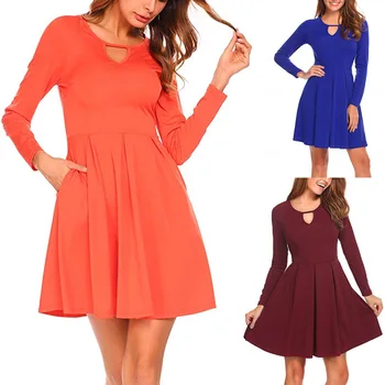 

clothing OWLPRINCES 2020 New Women's Solid Color Long Sleeve V-neck Slim Cotton A- line Expandable Dress