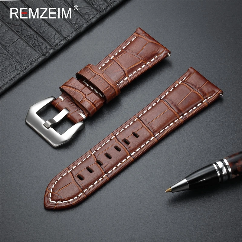 Premium Genuine Leather Watch Band Strap in Blue with Solid Metal Buckle
