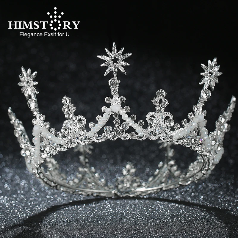 

Himstory Trendy Handmade Beaded Crystal Round Queen Wedding Crown Bridal Tiara Rhinestone Diadem Head Jewelry Hair Accessories