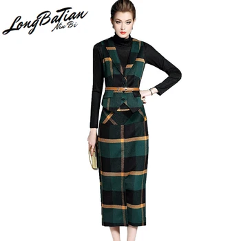 

Women 2020 Autumn Skirts Woolen Plaid Pencil faldas mujer Long Skirt + Vest Tops 2 Pieces Set Women's Suits 05091