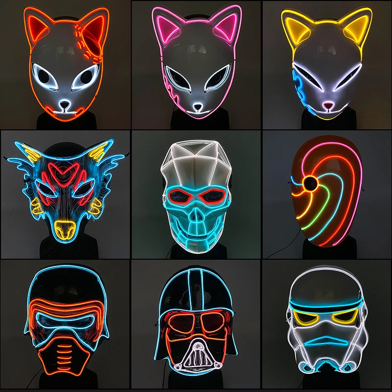 New 10 style EL Glowing Mask Halloween LED Mask Costume DJ Party Light Up Masks Scary Halloween Mask Cosplay Props