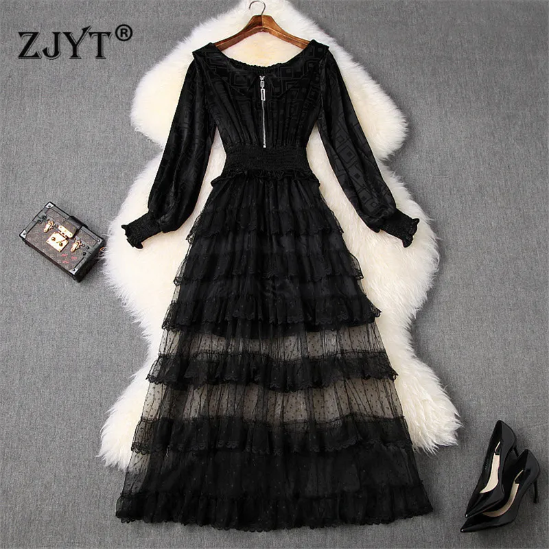 

Women Designer Runway Dress Spring 2020 New Elegant Lantern Sleeve Slash Neck Patchwork Mid Calf Sexy Layered Lace Dress Party