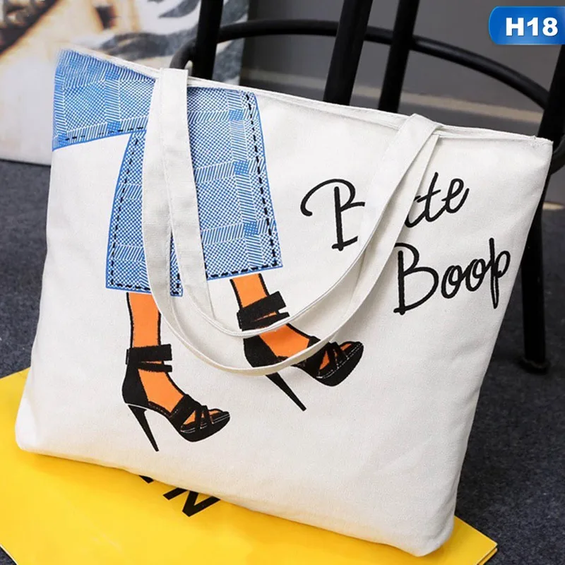H18 Large White Canvas Tote Bag Fabric Cotton Cloth Reusable Shopping Bag Women Beach Handbags Cats Printed Grocery Bags Big - Цвет: H18