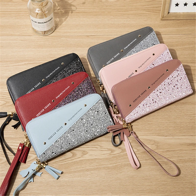 Fashion Sequined Patchwork Clutch Bag Cute Long Money Girl Purse PU Leather Female Designer Luxury Forever Young Wallet Women 4