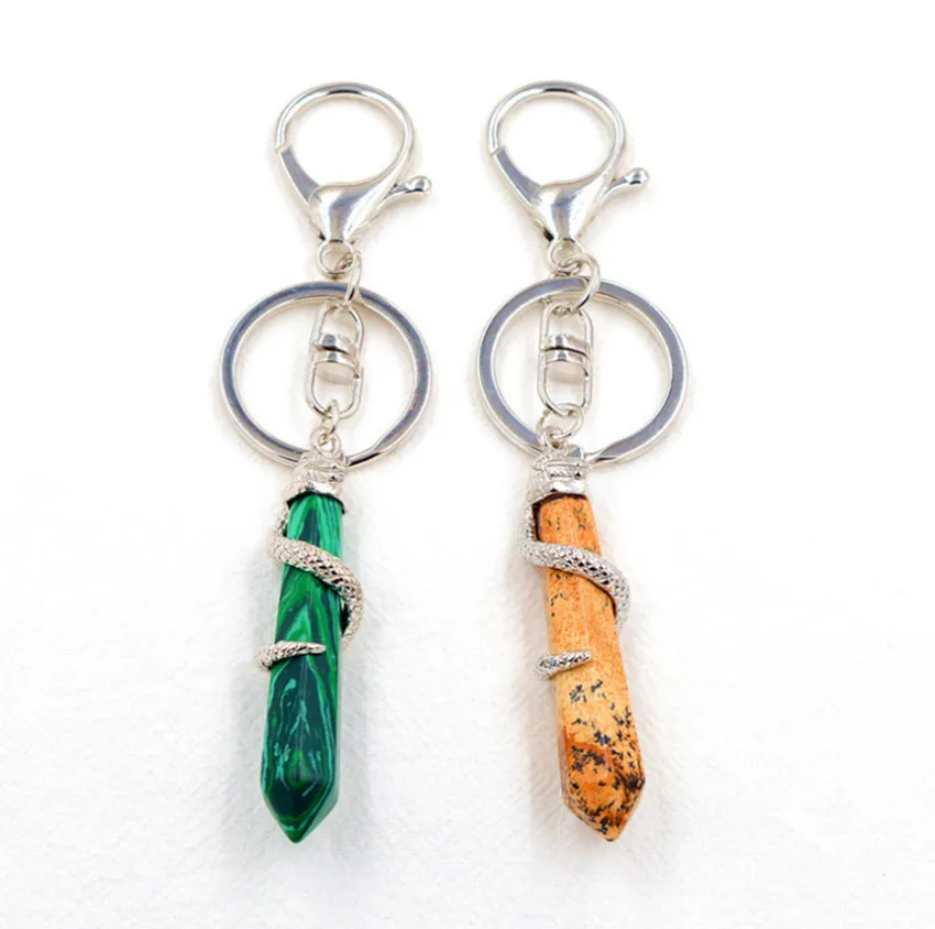 

FYJS Unique Silver Plated Circle Hollow Lobster Clasp Snake Wrap Hexagon Prism Picture Stone Key Chain Malachite Stone Jewelry