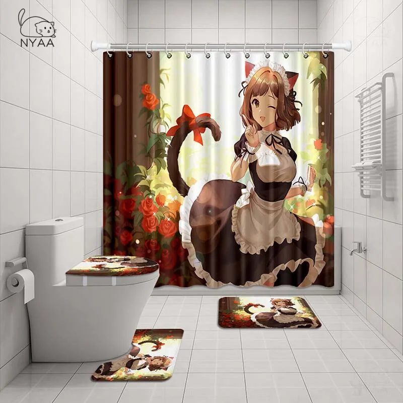 NYAA 4 шт. кошка девушка аниме занавеска пьедестал ковер крышка туалет коврик для ванной набор для декора ванной комнаты