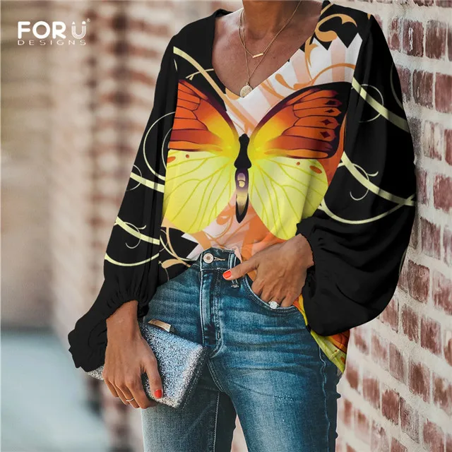 FORUDESIGNS/Женские блузки с бабочками для отдыха, свободная весенняя одежда, длинные рукава, синий цветок, шифоновые топы для девочек, блузка с глубоким v-образным вырезом - Цвет: HME725B2