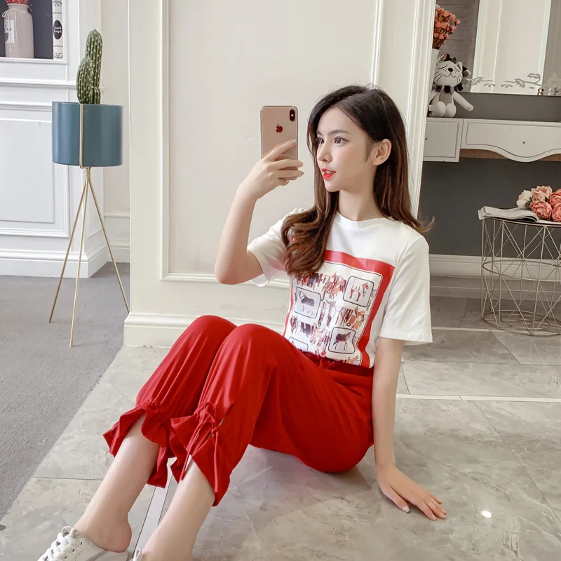 

2019 Summer Wear New Style Korean-style Retro Printing Short-sleeved T-shirt High-waisted Beam Leg Casual Pants WOMEN'S Suit