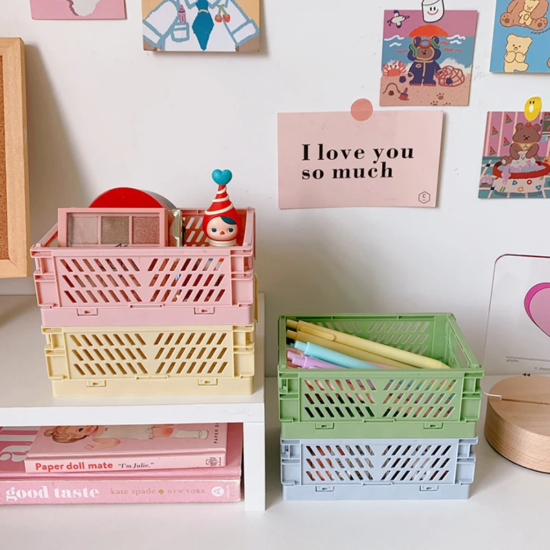 Mini Folding Plastic Storage Box Basket Foldable Plastic Storage Case Desktop Carrying Basket