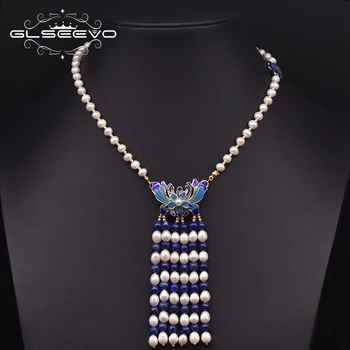 

GLSEEVO Natural Fresh Water Pearl Tassel Choker Necklace For Women Wedding Cloisonne Butterfly Vintage Necklace Jewelry GN0228