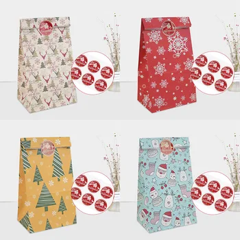 

12Pcx Mixed Color Christmas Gift Bags Large 3D 1.5*8*21cm Paper Bags for Xmas Food Packaging Santa Claus Snowman Snowflakes