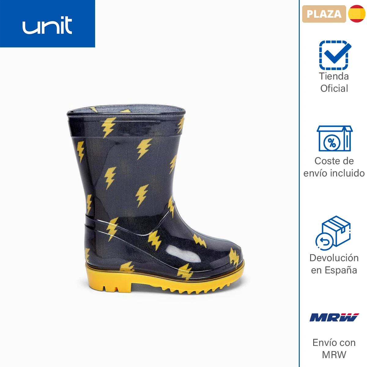 Unit - Bota de agua para niños y niñas estampada de colores negros y amarillos. Calzado de invierno