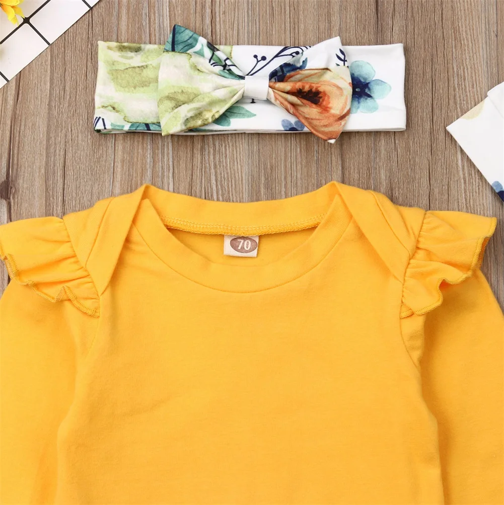 Emmaaby/4 предмета, однотонные топы для новорожденных девочек, брюки с цветочным принтом шапка, комплект домашней одежды на осень и зиму