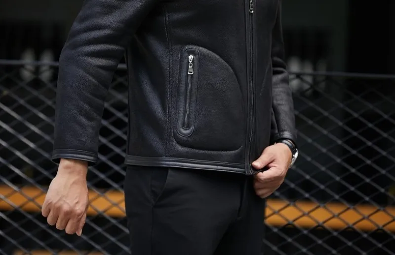 Chaqueta Cuero Hombre мотоциклетная Байкерская зимняя теплая куртка с меховой подкладкой пальто из натуральной кожи приталенная офисная Повседневная куртка-бомбер