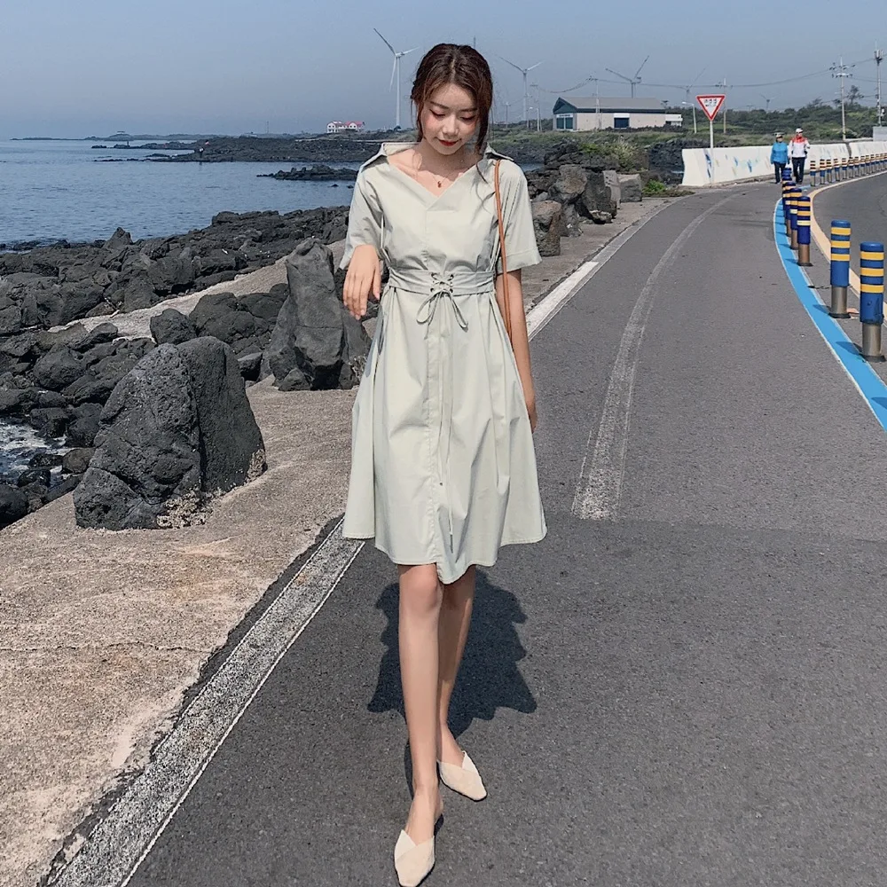 

France Non-mainstream Elegant Skirt Women's 2019 Summer New Style Retro Laziness-Style V-neck Waist Hugging Slimming Shirt Dress