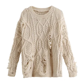 

Autumn Winter Women Hole Twist Sweater Ladies Hollow Out Knitted Casual Loose Sweaters Chic Tops Pullover Oversize Pull Femme