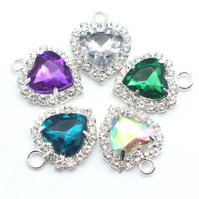 도매 10pcs 17*20mm 실버 하트 크리스탈 라인 석 펜던트 장식 귀걸이 목걸이 DIY 수제 액세서리