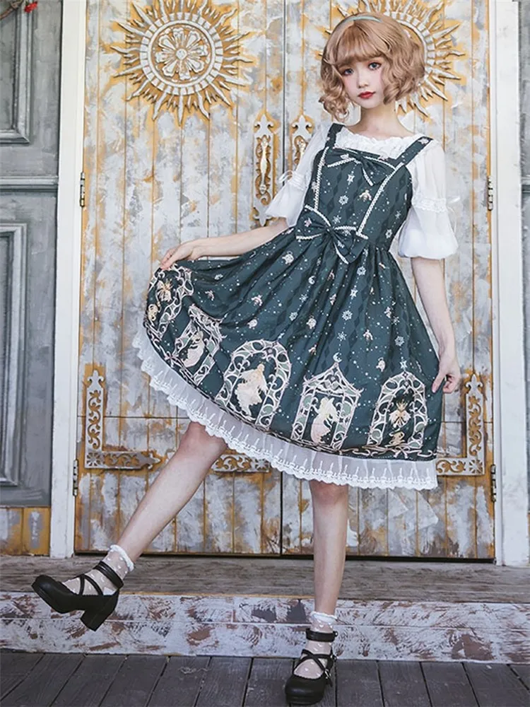 

Gothic Summer Sleeveless Lolita Jsk Suspender Dress Vintage Lace Loli Kawaii Cosplay Costume Cute Mori Goth Japanese Tea Party