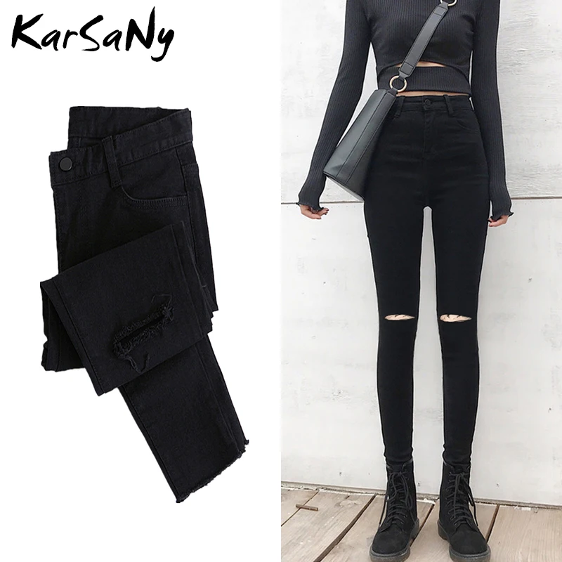 Ripped Jeans Pants Skinny High-Waist Women Denim Stretch Holes Summer for Black 