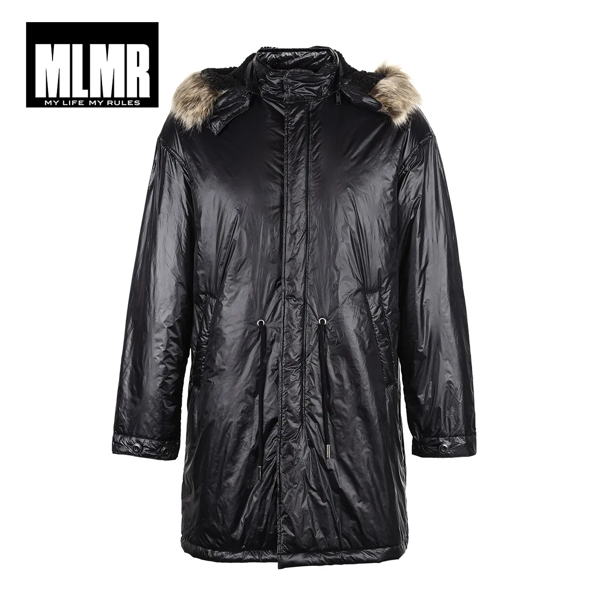 MLMR зимние мужские средней длины большой меховой воротник Cinched талия с капюшоном хлопок пальто | 219109506