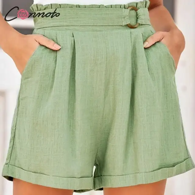 Conmoto summer 2020 green casual women shorts high waist solid ladies shorts pocket ring blet ruffles shorts 8