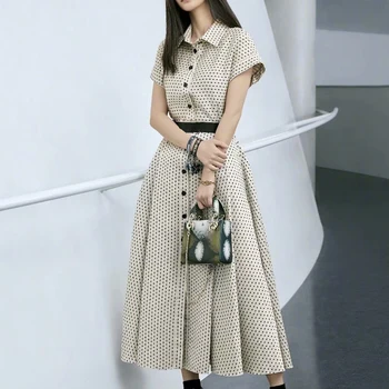 

HIGH QUALITY New Fashion 2020 Runway Dress Women's Turn-down Collar short Sleeve Sashes Polka Dot Print Dress