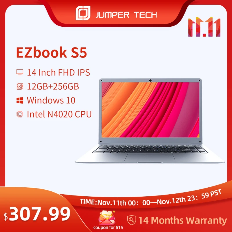 Ультратонкий ноутбук Jumper EZbook S5 с Windows 10 12 Гб 2021 ГБ премиум-класса 14 дюймов 256*1920 IPS