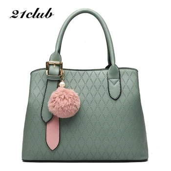 

21CLUB Brand Medium Diamond lattice Hairball Strap Ladies Totes Shopping Working Versatile Women Messenger Bags Female Handbags