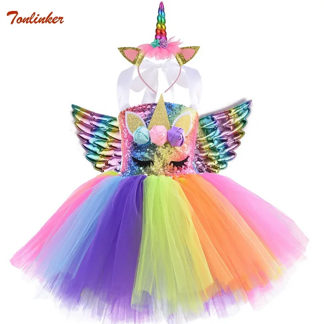 Kids World Book Day Unicorn Costume Girls Birthday Party LED Lights Sequin Rainbow Tutu Dress Shiny Princess Cosplay Costume style-A