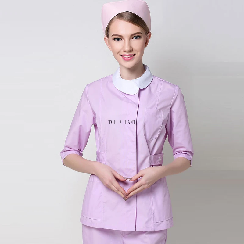 light purple set Женский скраб набор медицинская Униформа Спа Уход за здоровьем рабочая одежда боковое отверстие пальто с воротником Питер Пэн - Цвет: light purple set