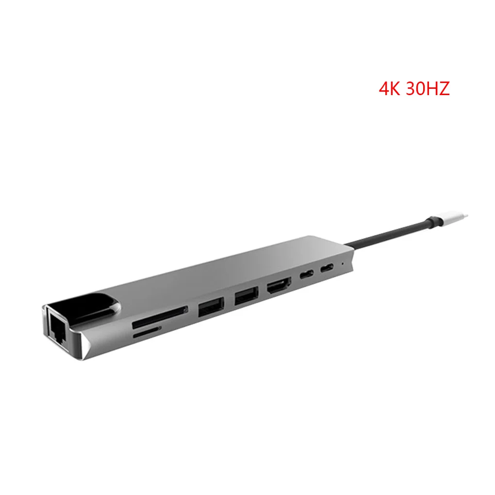 

8 in 1 HUB Aluminum Alloy USB-C Hub 4K 30HZ HD USB 3.0 Adapter Portable Laptop PD Charging SD &TF Card Reader RJ45