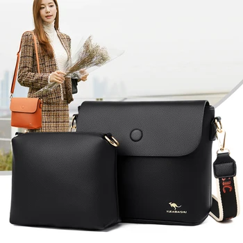 

2020 Black Shoulder Bag Set for Women Medium Soft Leather Female Crossbody Bags High Qulaity Wide Strap Lady Messenger Handbags