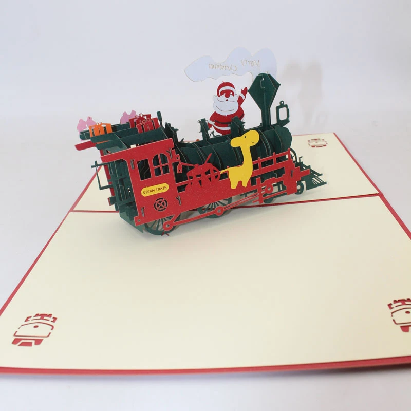  3D Handmade Cartoon Santa Present Train Locomotive Paper Invitation Greeting Cards PostCard Merry C - 4000336894674